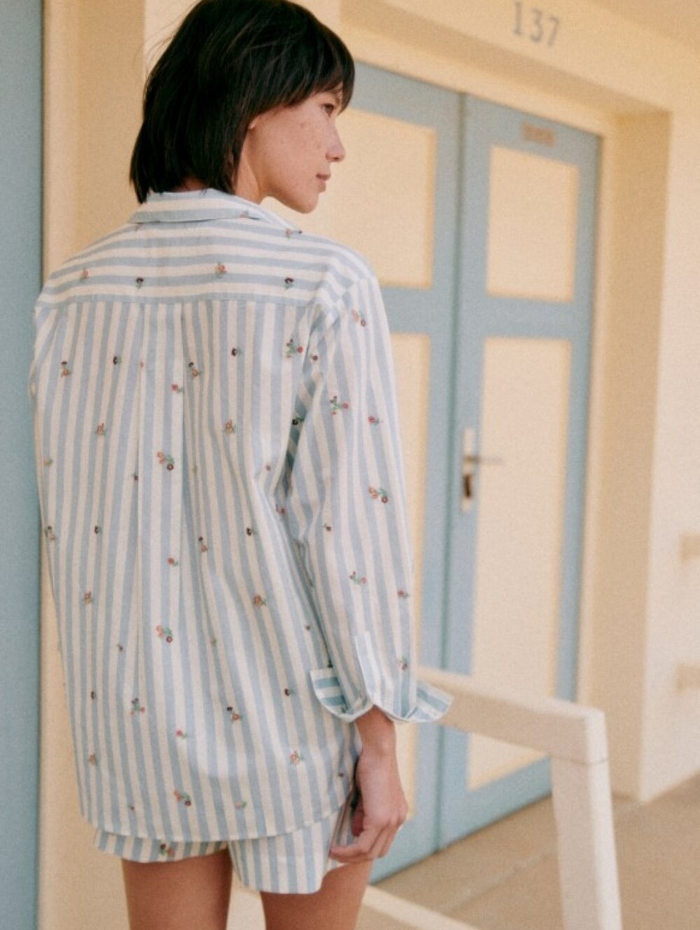 Sezane Maxy Striped Button-Up Shirt With Tote Bag - Light Blue & White